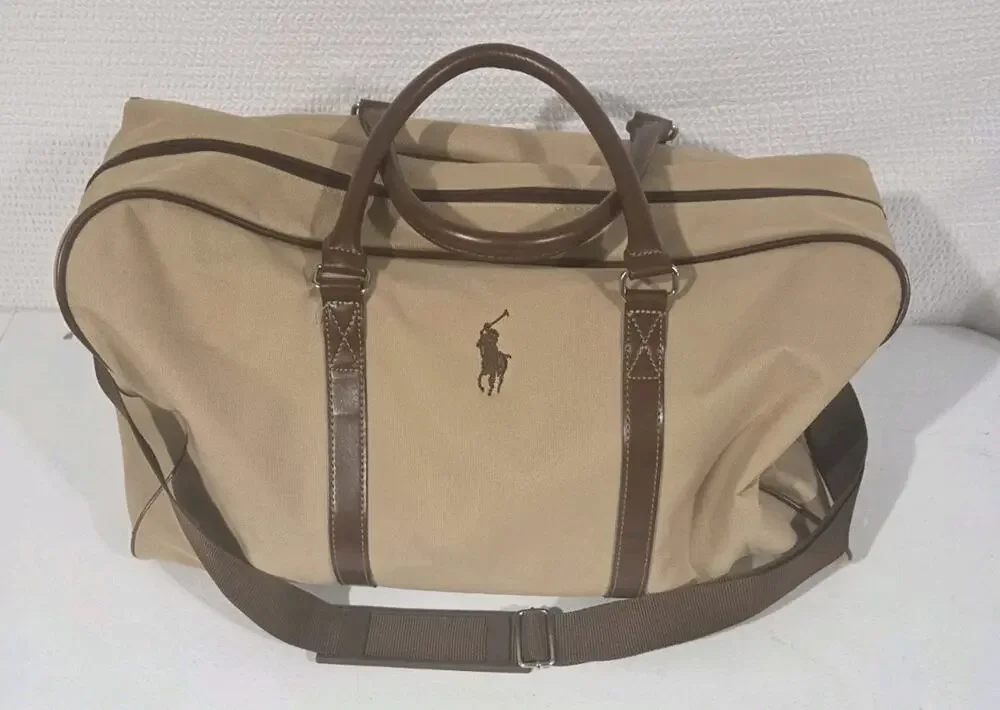 Ralph Lauren Mens Beige & Brown Canvas With Shoulder Strap Travel Duffle Bag VGC